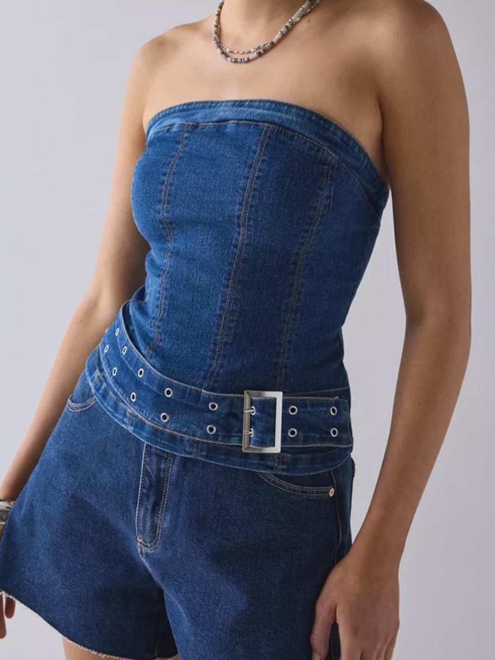 Silence + Noise Mia Belted Buckle Denim Tube Top NWT
